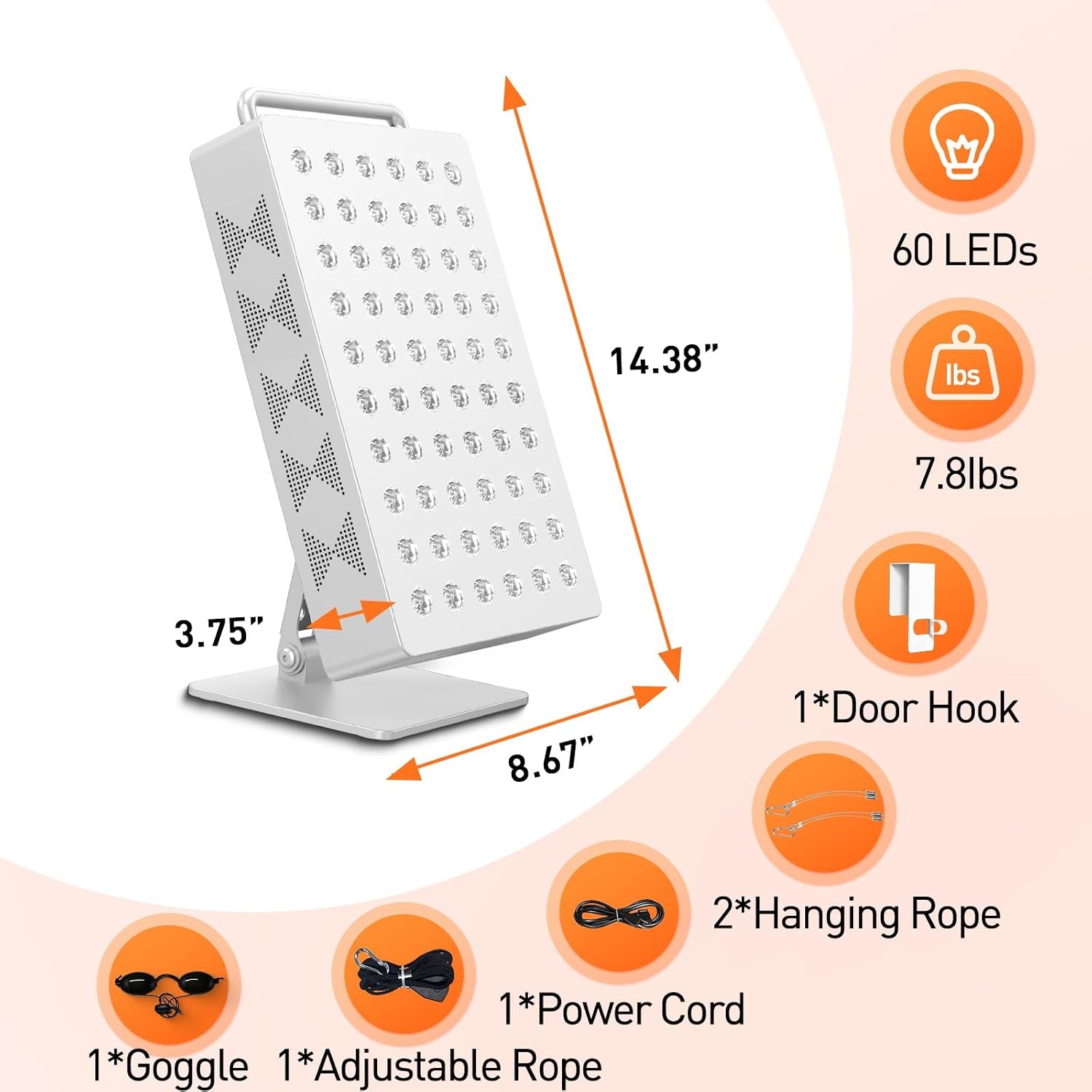 Red Light Therapy Panel 5 Wavelength 60 Dual Chip Leds 630+660+810+830+850Nm Red and near Infrared Lamp Therapy Device 100W with Timer & Stand for Body Pain Relief Face Skin Health Sleep White