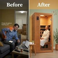 1 Person Extendable FAR Infrared Sauna for Home, Hemlock Wood Low EMF 6 Carbon Heaters Indoor Saunas with LED Lights, Bluetooth Speaker, Digital Control Panel, and Seating Bench — Before & After
