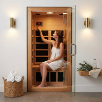 1 Person Extendable FAR Infrared Sauna for Home, Hemlock Wood Low EMF 6 Carbon Heaters Indoor Saunas with LED Lights, Bluetooth Speaker, Digital Control Panel, and Seating Bench — Lifestyle